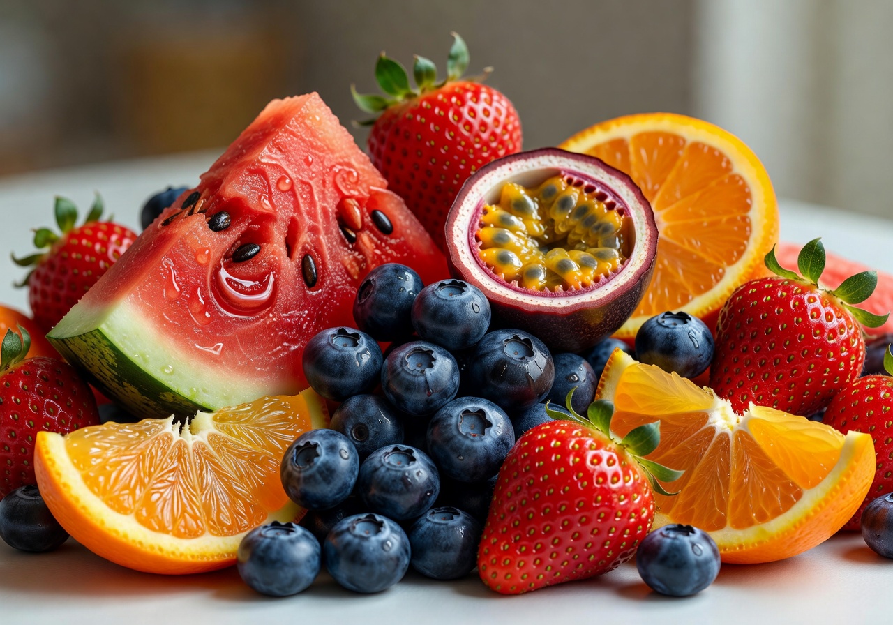 Close up of juicy fresh fruits with bright vivid colors and high detail