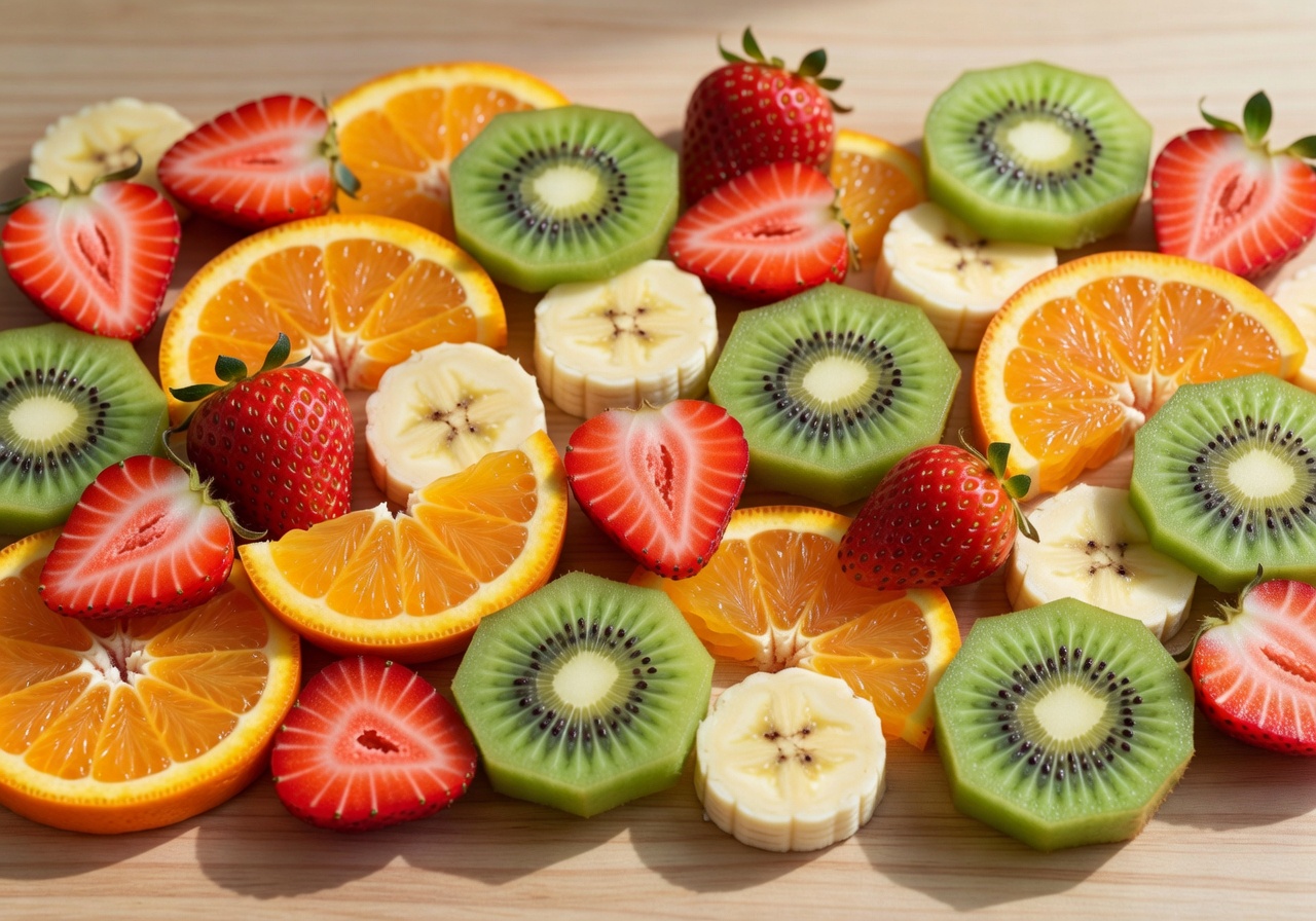 Colorful assorted fruit slices arranged in vibrant composition