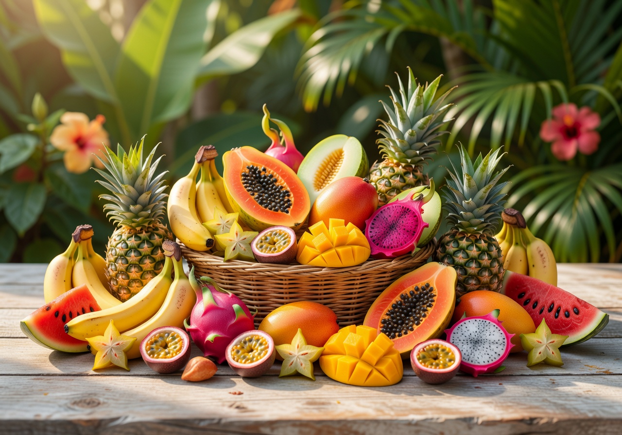 Colorful tropical fruits arranged beautifully showing freshness and vitality
