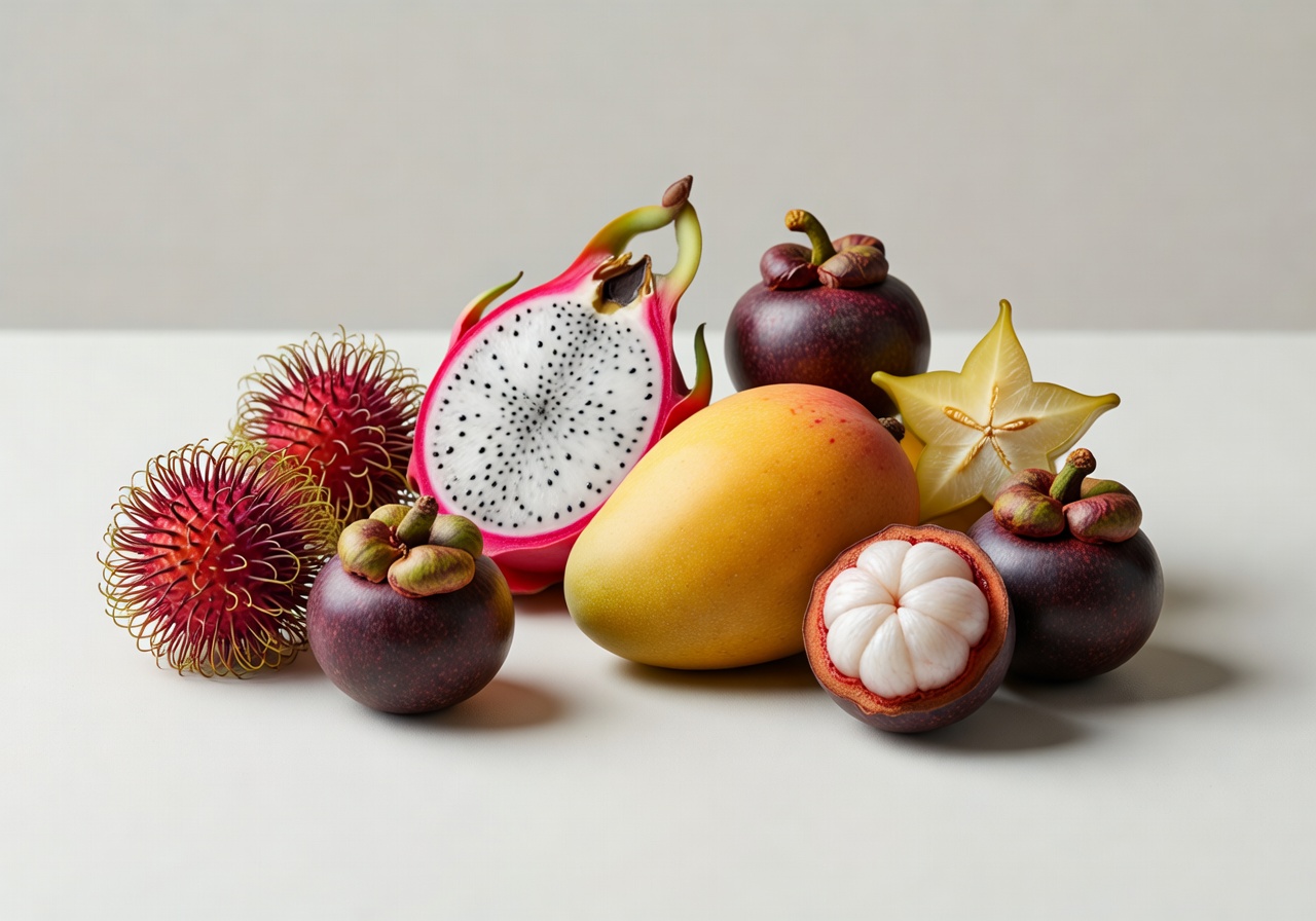 Exotic tropical fruits artfully arranged on minimal clean background