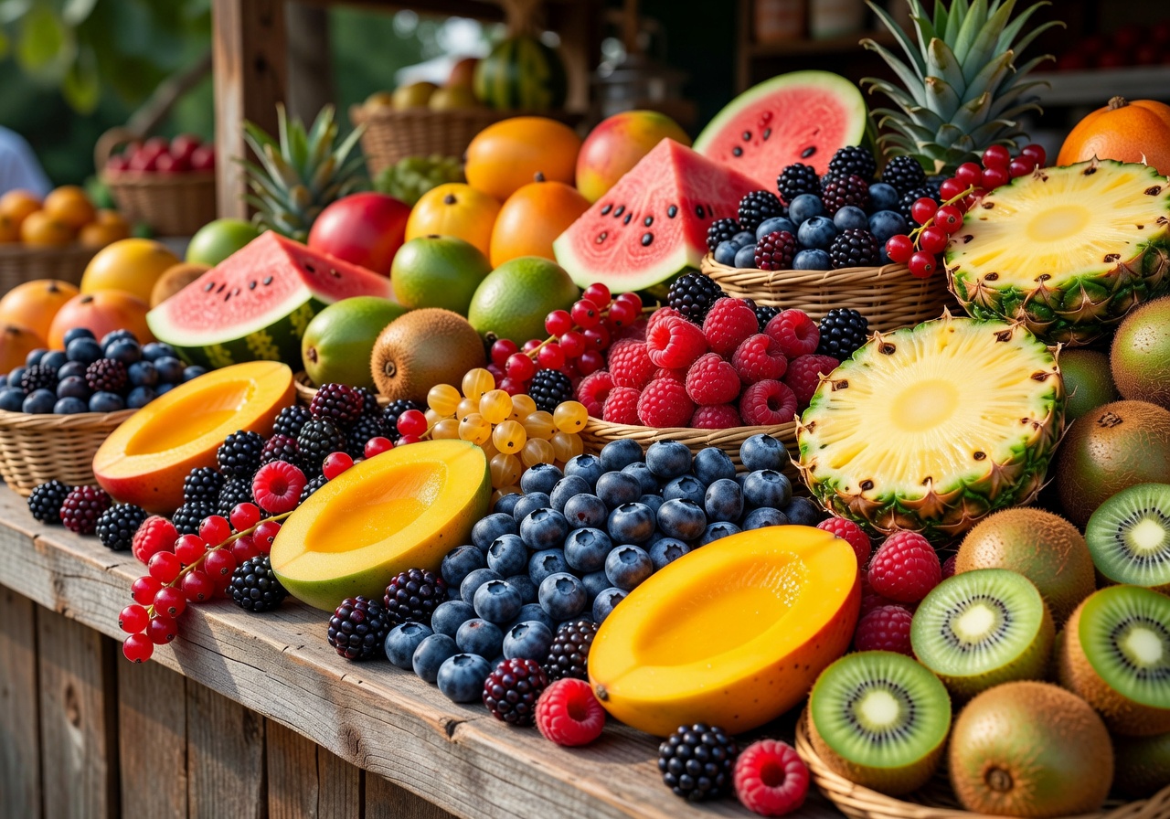 Fresh mixed berries and tropical fruits in a bright colorful display