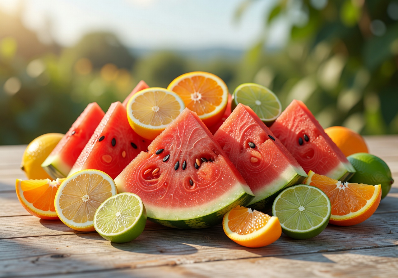 Sliced watermelon and citrus fruits in bright summer lighting