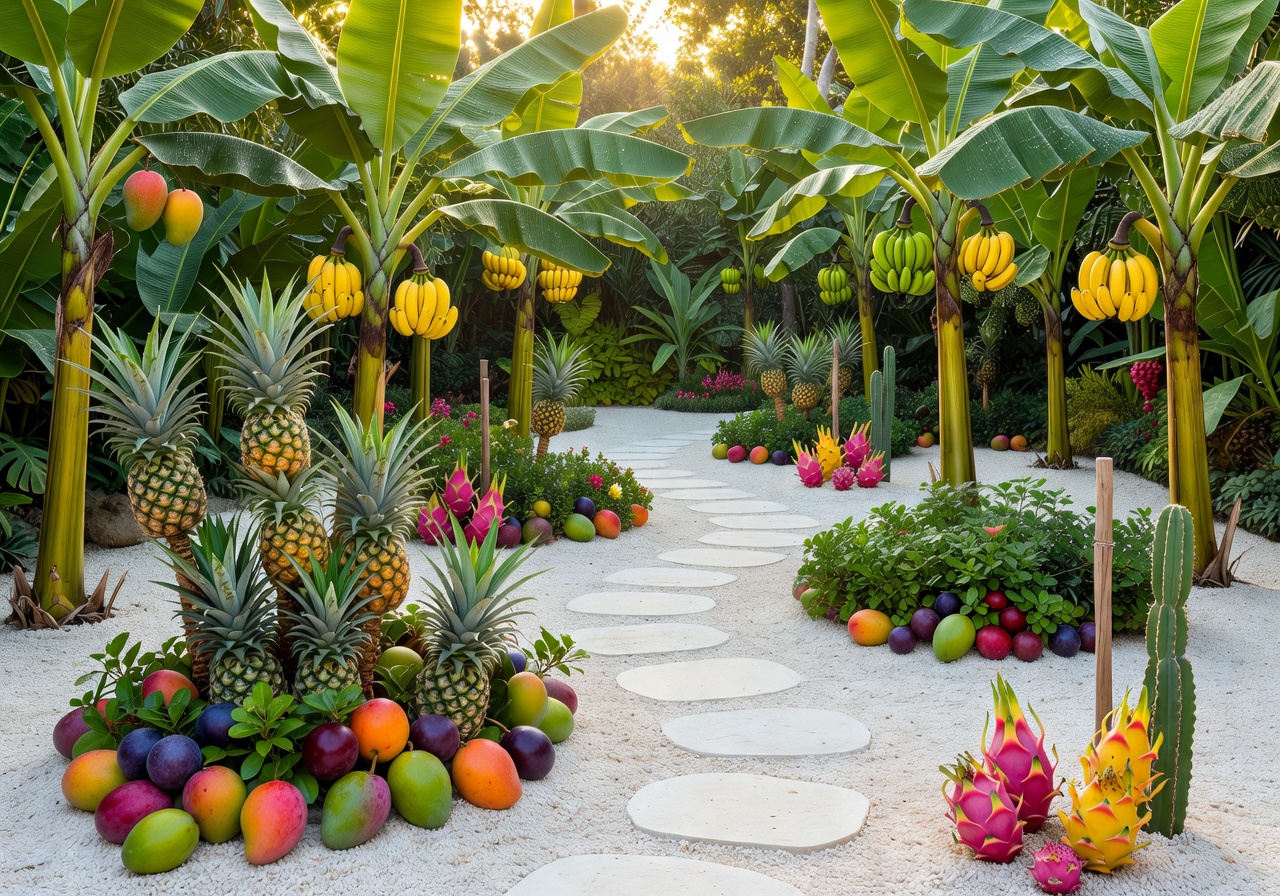 Vibrant tropical fruit garden with colorful environment and clean aesthetic design